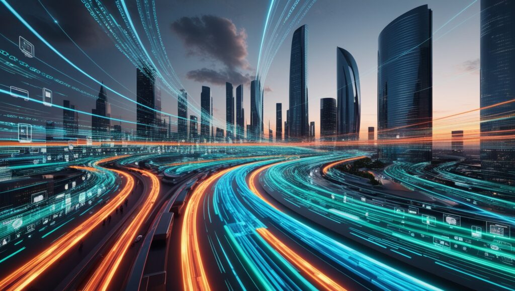 A futuristic cityscape with data streams and interconnected devices, symbolizing the digital transformation of the insurance industry