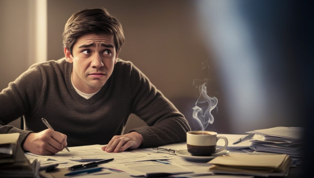 A person filling out their tax forms with a concerned expression, representing the taxability of unemployment insurance benefits