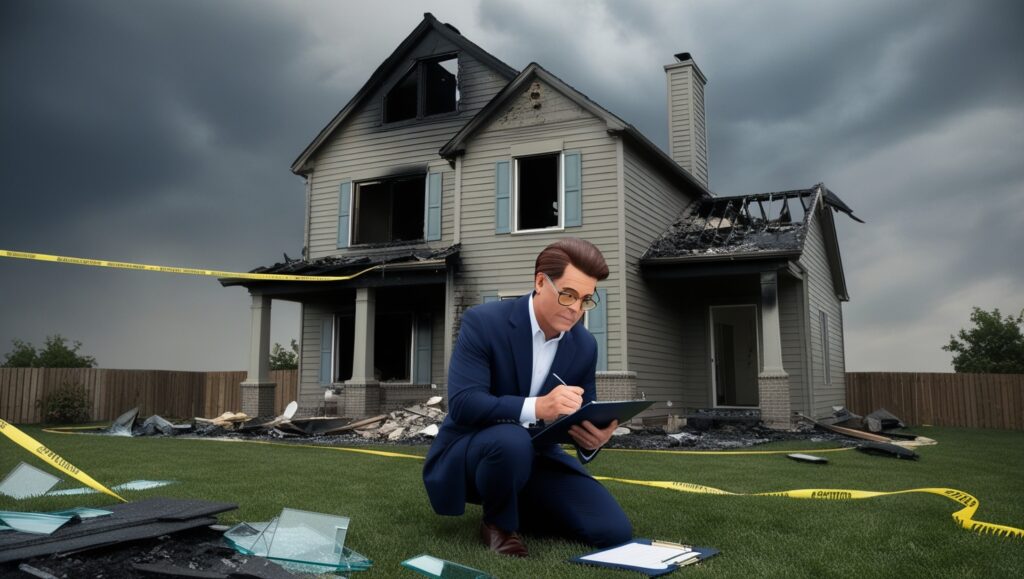 A house being repaired after a fire with an insurance adjuster assessing the damage, illustrating the non-taxable nature of payouts for property repair