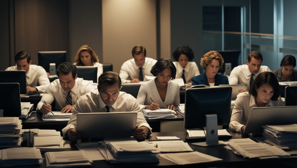 A group of underwriters reviewing data and policies at their desks