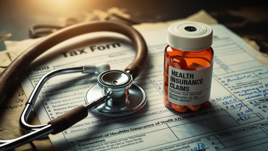 A stethoscope and a prescription pill bottle resting on a tax form, representing the tax treatment of health insurance claims for medical expenses