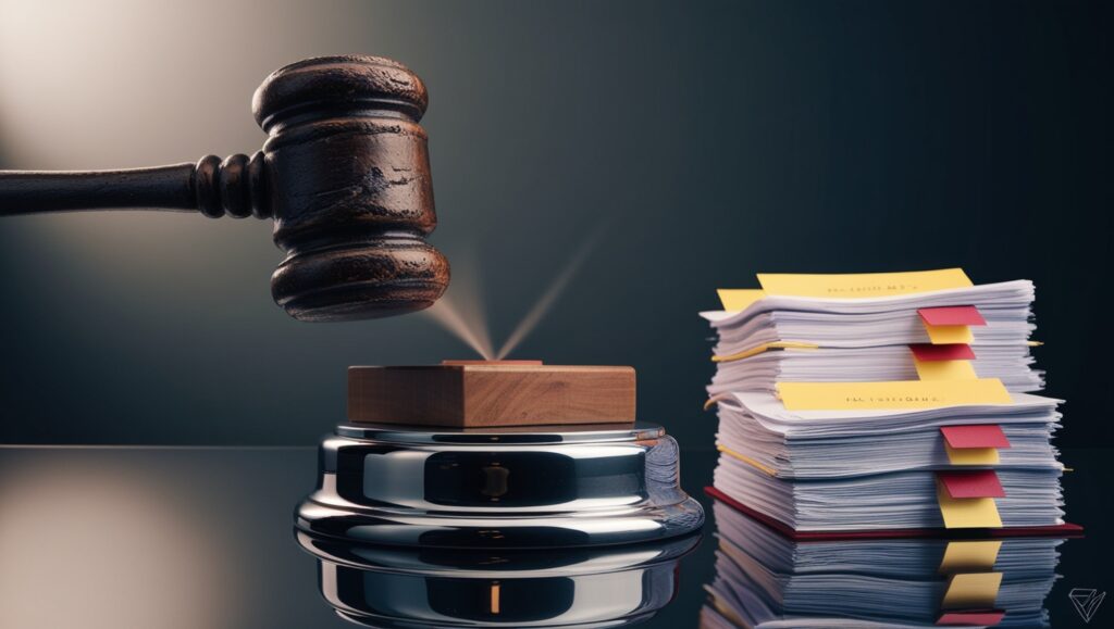 A gavel striking a sound block next to a stack of legal documents, symbolizing the complex tax implications of legal settlements